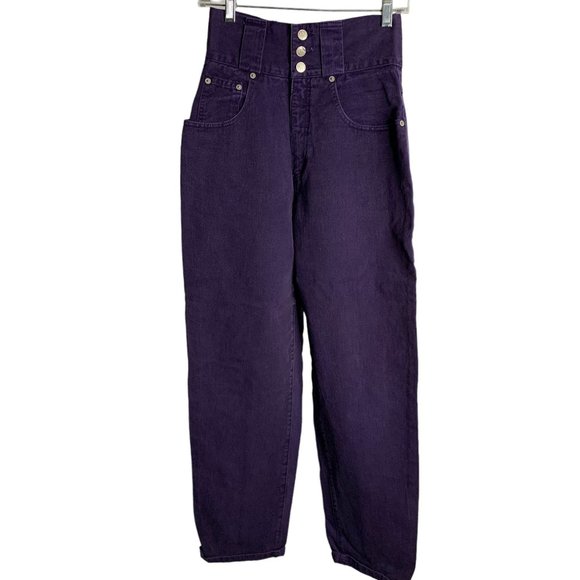 Vintage 90s Nada Nuff High Rise Button Jeans S Purple Straight Leg Belt Loops - Picture 1 of 7